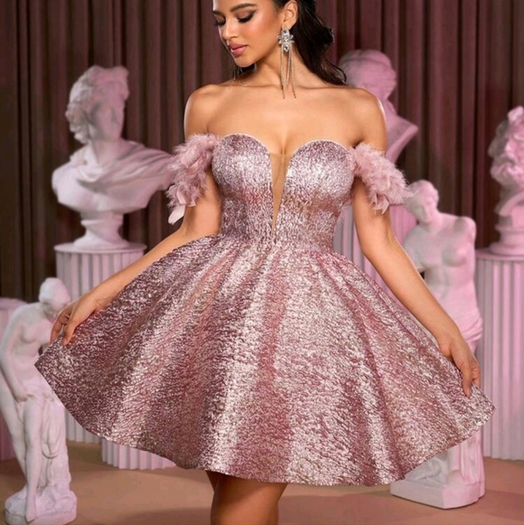 Elegant Pink Luxury Jacquard Fabric Off Shoulder Bust Cups A-Line Princess Puffy - Picture 1 of 4